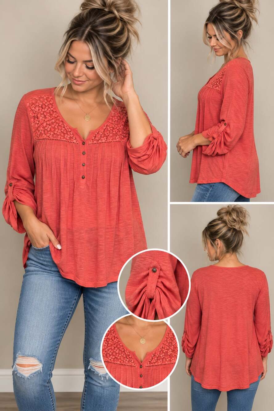 Gloria Vanderbilt Zuri Roll Up Sleeve Blouse Size L Coral Pink Crochet
